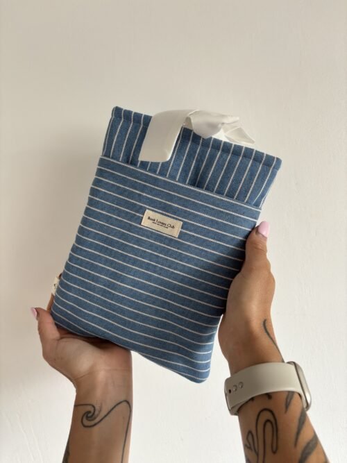 Bow Book Lovers Booksleeve Pocket Blue & White Striped Denim