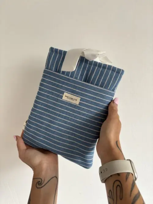 Bow Book Lovers Booksleeve Pocket Blue & White Striped Denim