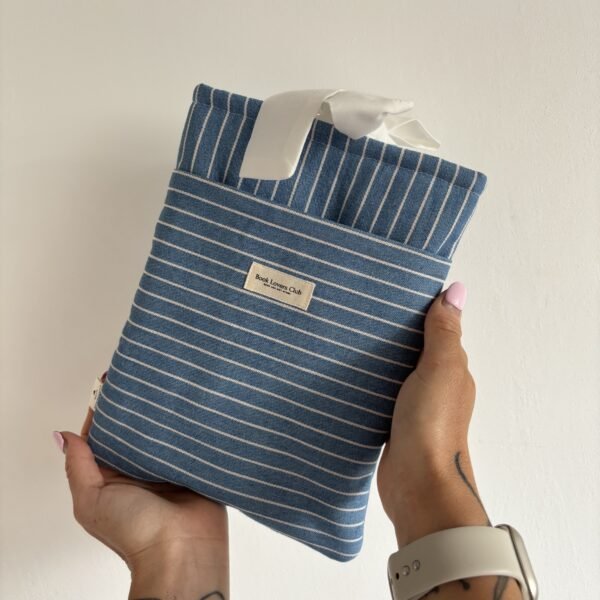 Bow Book Lovers Booksleeve Pocket Blue & White Striped Denim