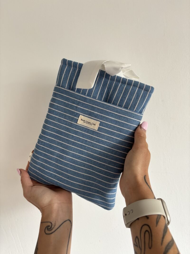 Bow Book Lovers Booksleeve Pocket Blue & White Striped Denim